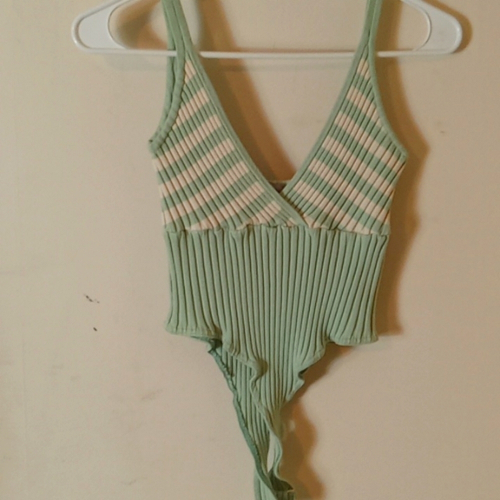 Wayne Rogers vintage silk bodysuit green with cream color stripes size SM NWOT.